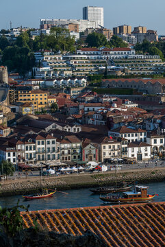 Vila Nova de Gaia, Portugal - 28 July 2026: View of traditional rabelo boats on the Douro River with historic buildings and terracotta rooftops in Vila Nova de Gaia, Porto District, Portugal.