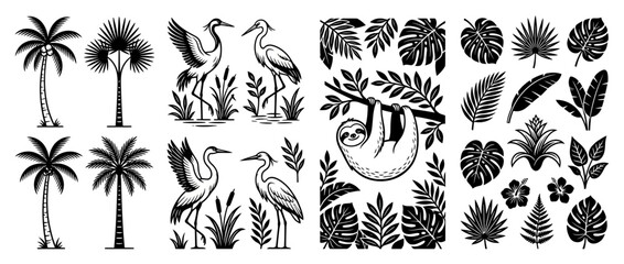 Obraz premium Tropical Elements Collection: Palm Trees, Birds, Sloth, and Leaves