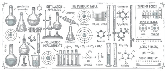 Fototapeta premium Vintage Chemistry Science Laboratory Equipment and Diagrams