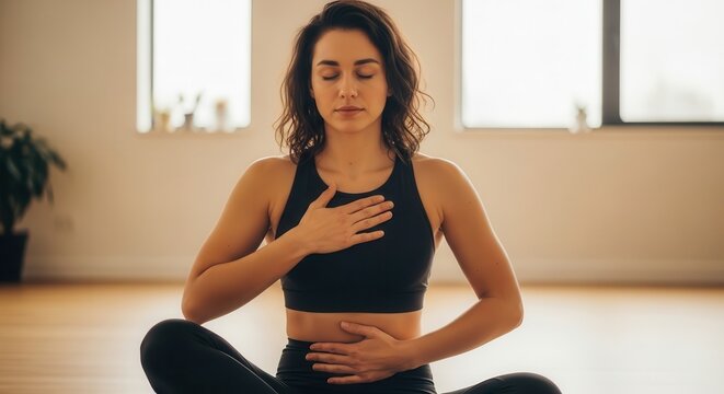 A serene woman practicing deep breathing meditation in a calm indoor setting with hands resting gently over her heart, embodying relaxation and mindfulness during a peaceful yoga session.