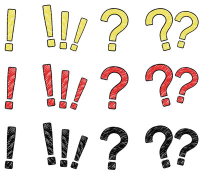 Hand drawn collection of colorful exclamation marks and question marks representing curiosity, surprise, confusion, attention, and communication concepts.