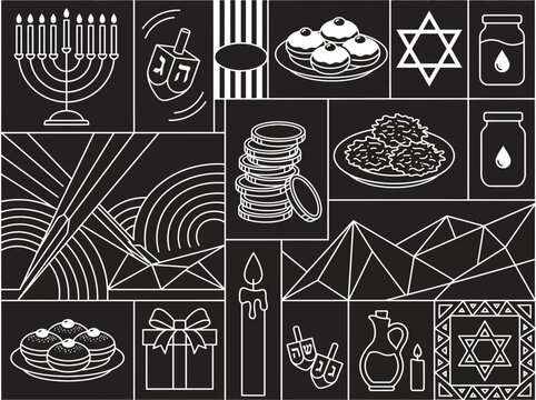 Hanukkah Symbols Icon Set in Minimalist Line Art Style