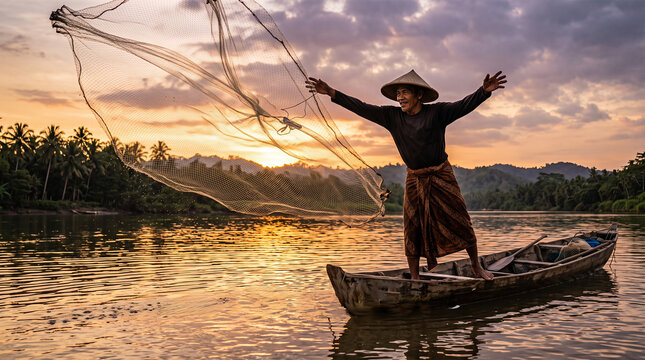 Asian fisherman casting a fishing net on a wooden boat at sunset