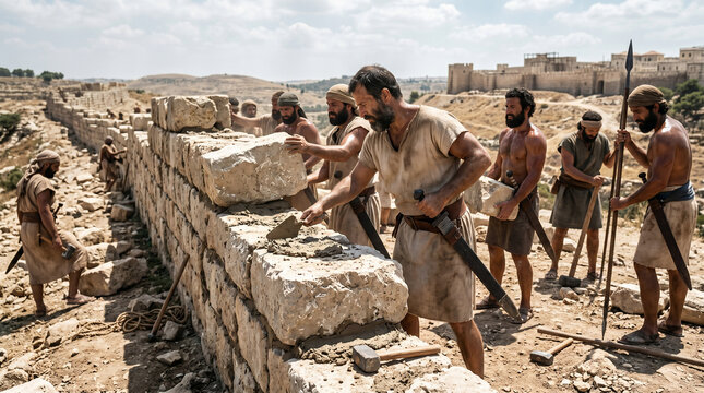 Nehemiahs men rebuilding the ruined walls of Jerusalem. Builders working tirelessly with a trowel in one hand and a sword in the other