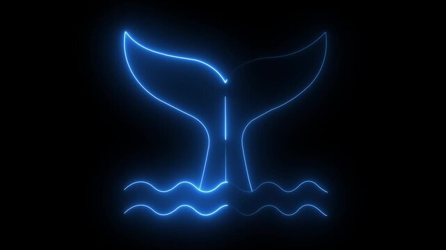 glowing neon whale tail fluke diving into sea water waves icon isolated on black background. Elegant marine animal fluke symbol for ocean conservation, sea life and maritime graphics. 4k video