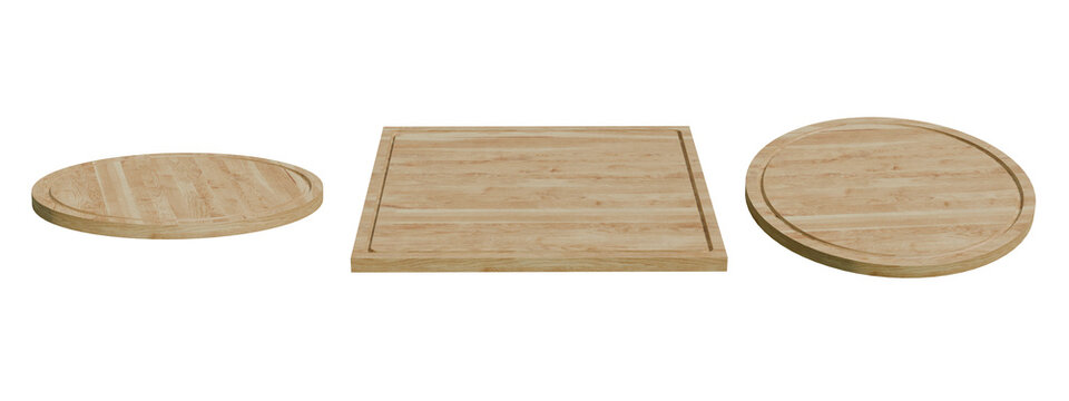 Set of various wooden cutting boards isolated on white background with tableware