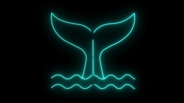 glowing neon whale tail fluke diving into sea water waves icon isolated on black background. Elegant marine animal fluke symbol for ocean conservation, sea life and maritime graphics. 4k video