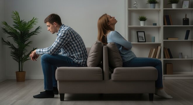 A young couple sitting on separate couch ends in a modern living room with plants, deep emotional conflict and silent tension during a serious argument.
