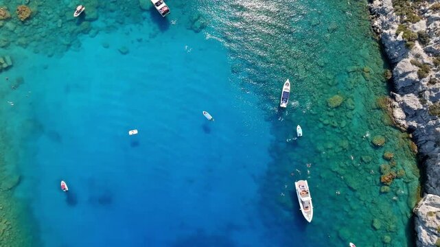 Top down drone shot of boats at the Anthony Quinn bay, in sunny Rhodes, Greece