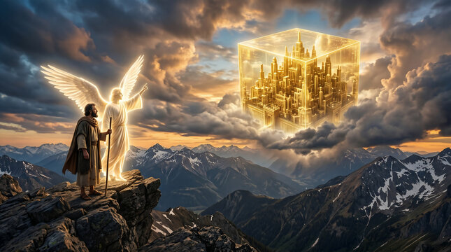 An angel showing the Apostle John the bride, the heavenly city of New Jerusalem, descending from a high mountain