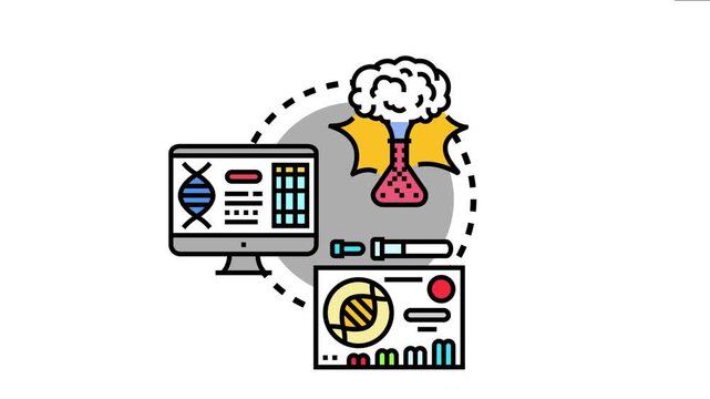 Antibody research reagents driving scientific discovery, involving genetic analysis on a computer monitor, chemical reactions in a flask, and medical test tubes for laboratory investigation