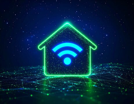 Glowing smart home icon with wireless signal representing connected house automation and digital technology