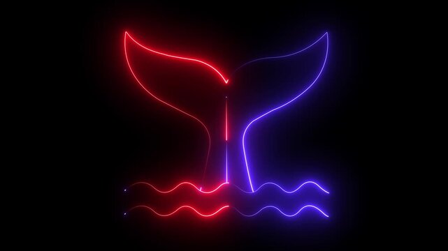 glowing neon whale tail fluke diving into sea water waves icon isolated on black background. Elegant marine animal fluke symbol for ocean conservation, sea life and maritime graphics. 4k video