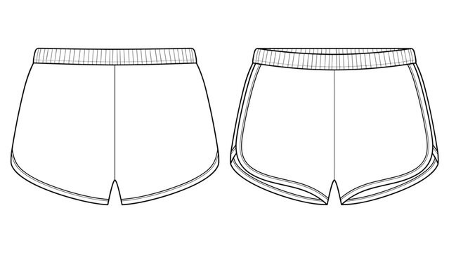 Front and Back Track Running Shorts Flat Technical Drawing Illustration Blank Streetwear Mock-up Template for Design and Tech Packs CAD Athletic Shorts Unisex