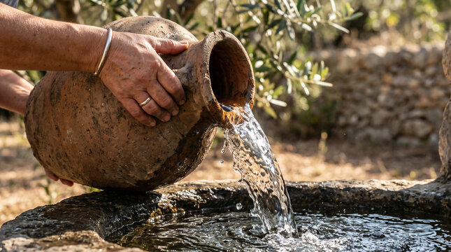 The Samaritan woman at the well of Sychar, drawing water and speaking with Jesus in the heat of the day
