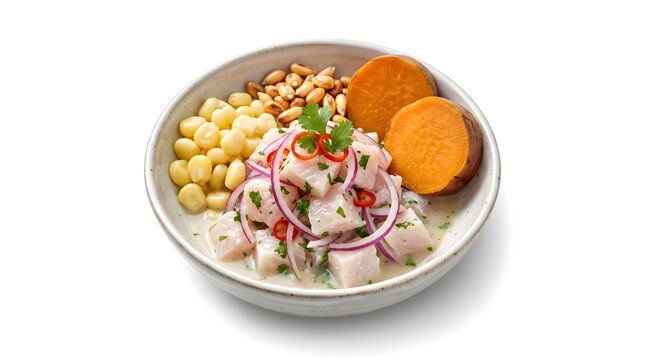 Bowl of traditional Peruvian ceviche made with fresh cured white fish, red onions, cilantro, giant corn choclo, toasted cancha corn, and sweet potato slices on white background.