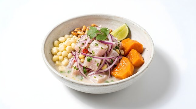 Close up shot of Peruvian fish ceviche garnished with red onions, cilantro, sweet potatoes, choclo corn, and cancha, served in a ceramic bowl over a white background.