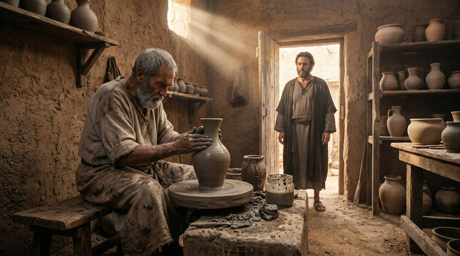 Jeremiah watching the potter shaping clay on the wheel. A biblical metaphor for God shaping nations