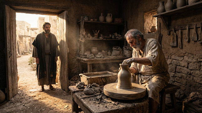 Jeremiah watching the potter shaping clay on the wheel. A biblical metaphor for God shaping nations