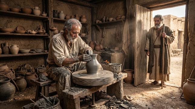 Jeremiah watching the potter shaping clay on the wheel. A biblical metaphor for God shaping nations