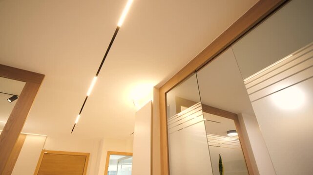 Ceiling framing showing combination of recessed circular lamp and integrated linear lighting strips