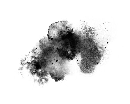 Abstract ink blob, grunge art. Black paint stroke texture in marble style. Wallpaper design. Hand drawn watercolor isolated illustration on transparent background