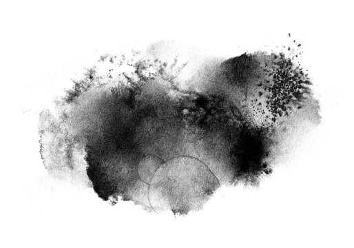 Abstract ink blob, grunge art. Black paint stroke texture in marble style. Wallpaper design. Hand drawn watercolor isolated illustration on transparent background