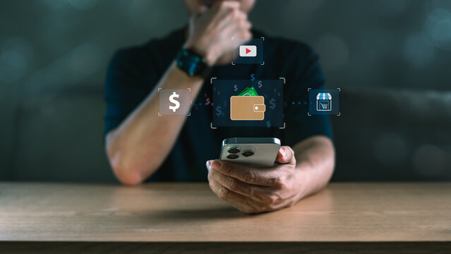 Person Holding Smartphone with Digital Wallet and Online Commerce Icons