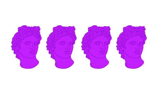 Ancient Greek Statue Head Vaporwave Style Vector Set Featuring Purple Apollo Bust Silhouette Elements for Retro Aesthetic Edgy Cyberpunk and Synthwave Graphic Designs