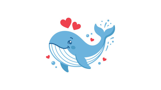 Cute cartoon blue whale surrounded by hearts.