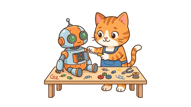Adorable ginger cat engineer diligently assembling a robot on a workbench, charming animal illustration concept