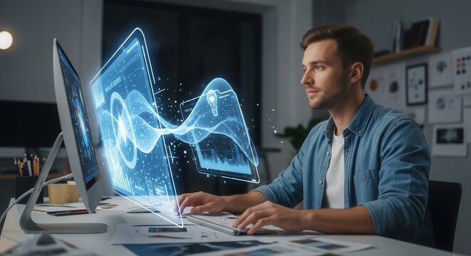A focused young professional sitting at a modern workspace analyzing futuristic digital interface designs on a large computer screen with holographic data visualizations and creative diagrams.