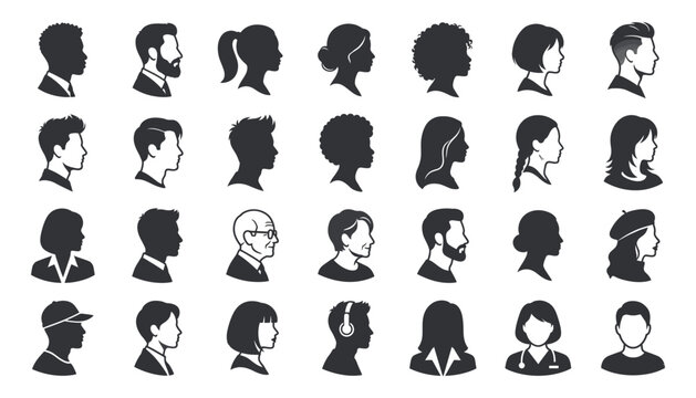 Human Silhouette Icon Set Featuring Diverse Male and Female Profiles, Haircuts and Professional Styles. Editable Vector Illustration.