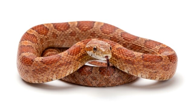 A coiled corn snake with orange and brown patterns on a white background.