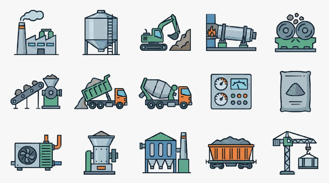 Elegant Collection of Minimalist Construction and Industrial Machinery Icons in Soft Pastel and Earthy Tones