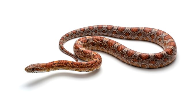 A detailed studio shot of a corn snake isolated on a white background.