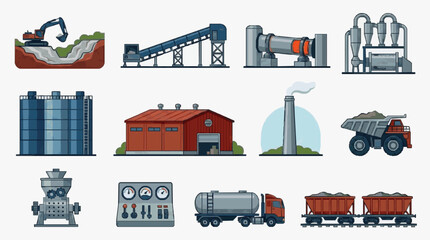 Creative Illustrated Set of Industrial Mining and Processing Equipment with Vibrant Colors and Detailed Machinery © Sahal