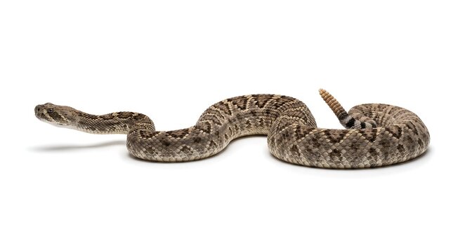 A coiled rattlesnake isolated on a white background.