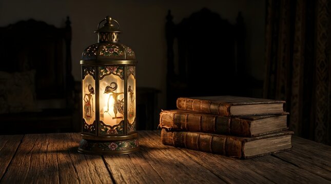 Traditional Indonesian lantern beside stack of old books night concept