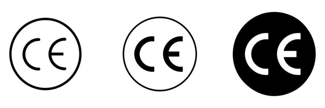 CE mark icon set in line and solid styles for product compliance, certification, labeling and safety