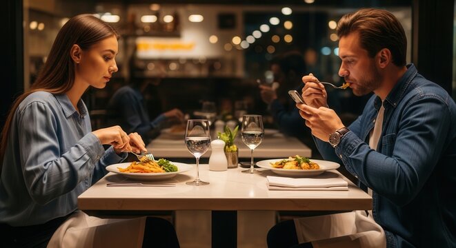 A stylish young couple enjoying a romantic dinner date at a modern restaurant with elegant lighting, wine glasses, and delicious plates of food while one uses a smartphone.