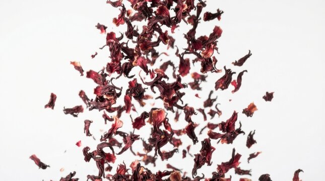 Dried hibiscus petals falling against dark background