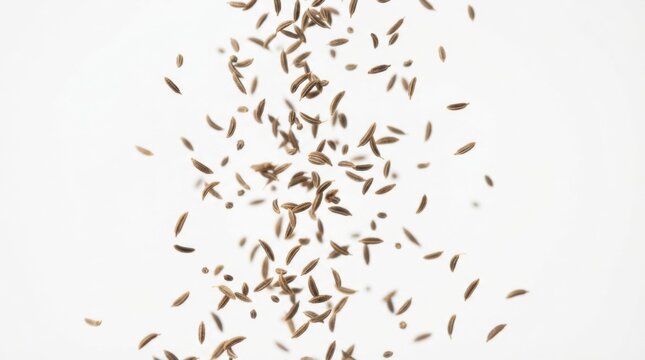 Close-up of cumin seeds pouring against white background