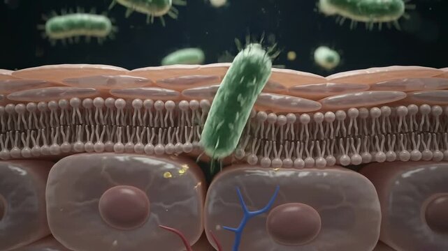 Microscopic view of bacteria attacking the skin lipid barrier