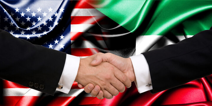 Handshake between the United States and Kuwait, international friendship, background with flags. Flags.