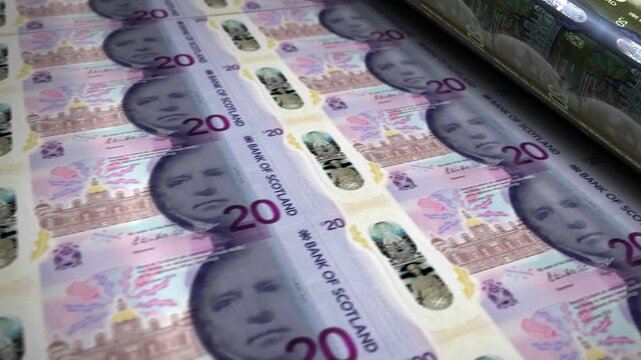 Scotland pound sterling Scottish money banknotes printing roll machine loop. Paper Scotch 20 GBP bank note print 3d looping seamless. Abstract concept of banking, finance, economy and crisis.