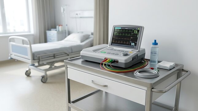 Electrocardiogram machine on a medical cart in a modern hospital room.
