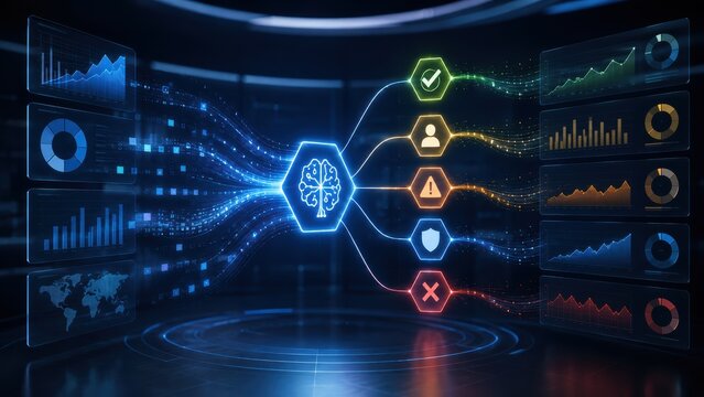Futuristic AI Financial Risk Decision Dashboard with Data Pathways