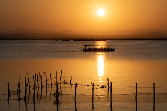 A beautiful sunset over La Albufera Natural Park in Valencia, Spain