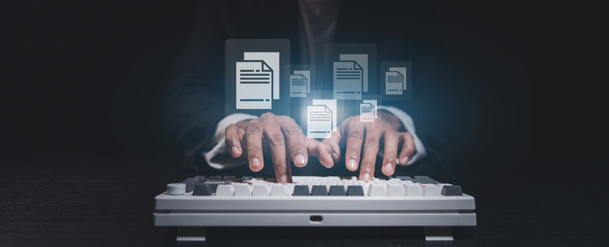 Hands typing on a keyboard with floating digital document icons. Concept of document management, file organization, cloud storage, digital workflow, and business technology.